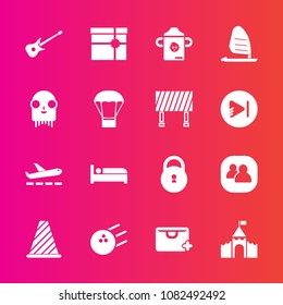 Premium set with fill vector icons. Such as bed, sign, surf, white, bottle, group, building, sport, people, food, sale, bag, present, add, nutrition, fun, social, airport, hotel, box, airplane, street