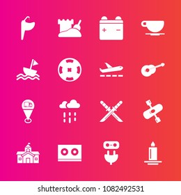 Premium set with fill vector icons. Such as full, tower, casette, battery, light, government, faucet, samurai, wet, kayak, coffee, flame, rainy, decoration, location, tap, fire, activity, map, weather
