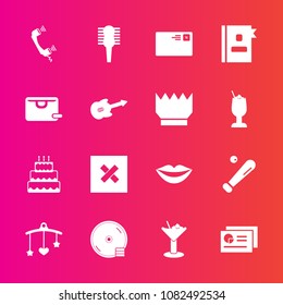 Premium set with fill vector icons. Such as baby, chart, drink, ball, equipment, internet, communication, league, beauty, cd, pie, lips, bar, toy, call, cake, alcohol, bed, dessert, baseball, girl