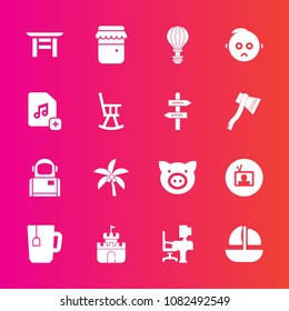 Premium set with fill vector icons. Such as technology, tropical, tea, cosmonaut, shrine, space, pig, tv, pork, desk, background, ship, ocean, sand, office, vessel, science, piglet, animal, screen