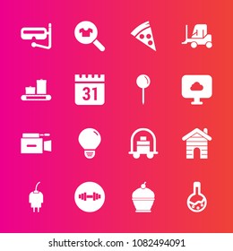 Premium set with fill vector icons. Such as video, technology, clothes, luggage, microphone, food, power, lunch, charger, laboratory, sea, woman, fashion, pie, bellboy, cake, building, television, gym