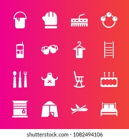 Premium set with fill vector icons. Such as interior, bed, warm, flight, room, color, chief, curtain, paint, scarf, sweet, furniture, rattle, camp, cold, office, kitchen, house, tent, mobile, baby