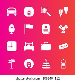 Premium set with fill vector icons. Such as search, flight, ticket, character, food, fashion, car, clock, plane, decoration, bag, easter, cleaner, radio, plate, time, road, equipment, magnifier, sport