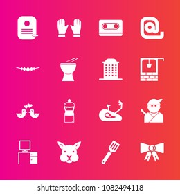 Premium set with fill vector icons. Such as bunny, pan, necklace, glove, broom, japan, work, tie, music, white, love, fitness, ninja, japanese, identity, cute, desk, cassette, bicycle, audio, dove