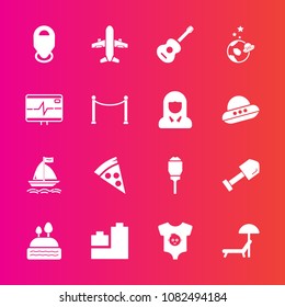 Premium set with fill vector icons. Such as pizza, exploration, music, sunbed, board, astronaut, tool, summer, location, airplane, equipment, play, plane, clothes, food, lantern, travel, umbrella, map