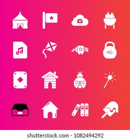 Premium set with fill vector icons. Such as office, grater, note, dessert, play, poker, real, music, wand, meat, national, game, fly, lady, leisure, kitchen, butterfly, house, photo, grill, estate