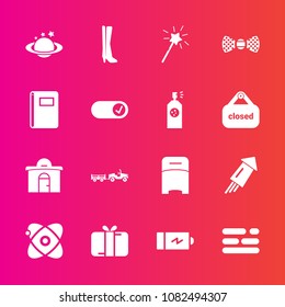 Premium set with fill vector icons. Such as layout, energy, planet, delivery, footwear, notebook, festival, house, event, table, present, magic, gift, building, holiday, truck, universe, box, fashion