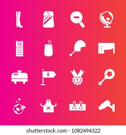 Premium set with fill vector icons. Such as science, child, home, planet, agenda, chief, rattle, finance, laboratory, equipment, award, exploration, surveillance, globe, astronaut, test, heater, salt