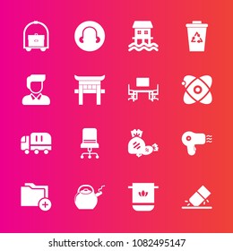 Premium set with fill vector icons. Such as sweet, cotton, eraser, transport, boy, trash, hotel, car, room, food, garbage, kitchen, travel, education, vacation, cargo, candy, waste, comfortable, cloth