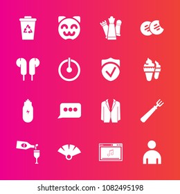 Premium set with fill vector icons. Such as sign, piece, cookie, music, traditional, kitty, speech, dinner, lifestyle, drink, dessert, alcohol, wine, business, fork, suit, animal, japanese, concept