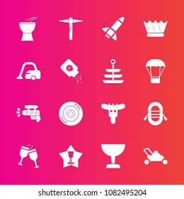 Premium set with fill vector icons. Such as achievement, royal, sausage, auto, grass, red, hotdog, automobile, meat, music, musical, play, wheel, wine, queen, crown, equipment, sailboat, king, award