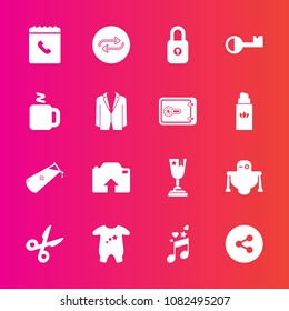 Premium set with fill vector icons. Such as chemistry, android, cyborg, upload, baby, change, chemical, hot, drink, award, social, book, lock, futuristic, replacement, sound, note, key, button, cup