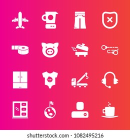 Premium set with fill vector icons. Such as social, fashion, music, car, truck, microphone, home, woman, child, pants, coffee, food, cappuccino, airplane, accident, contact, clothes, baby, cabinet