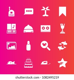 Premium set with fill vector icons. Such as sign, electric, fish, meat, bookmark, music, sport, young, image, musical, iron, sea, picture, bowling, work, summer, star, seafood, woman, palm, sweet, boy