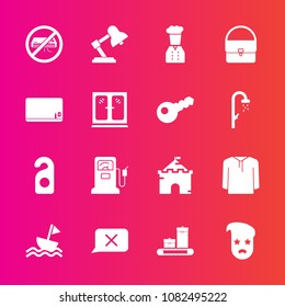 Premium set with fill vector icons. Such as travel, architecture, pump, clothing, blackboard, gas, yacht, sailboat, air, furniture, table, conditioner, lamp, label, luggage, home, chalk, school, chat