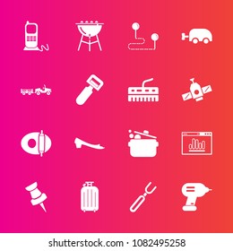Premium set with fill vector icons. Such as spoon, luggage, cook, map, stationary, kitchen, food, keyboard, phone, point, pin, analytics, position, truck, carriage, destination, barbecue, shipping