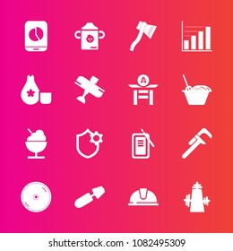 Premium set with fill vector icons. Such as repair, cuisine, travel, axe, disk, kitchen, hat, chart, industrial, mascara, japan, fashion, dvd, diagram, mobile, ink, object, helmet, aircraft, tool, cd