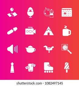 Premium set with fill vector icons. Such as music, breakfast, leisure, happy, fun, communication, phone, up, map, tea, search, piece, easter, skate, play, strategy, fruit, volume, spring, game, sport
