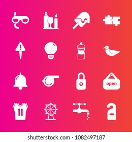 Premium set with fill vector icons. Such as wheel, basketball, wine, ice, referee, call, open, dessert, lock, equipment, faucet, mask, sport, eye, shirt, park, carousel, whistle, business, shop, scuba