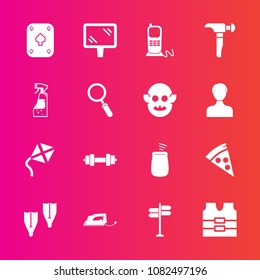 Premium set with fill vector icons. Such as zoom, music, kite, street, sea, banner, housework, road, sign, glass, clothing, musical, gym, ufo, phone, communication, direction, underwater, sport, lunch