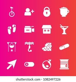 Premium set with fill vector icons. Such as pill, tea, off, lock, atlas, breakfast, fireplace, energy, travel, video, map, bike, airplane, medicine, world, hot, web, turn, security, camera, add, room