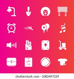 Premium set with fill vector icons. Such as clothing, game, lamp, work, dessert, warehouse, shovel, alarm, delivery, holiday, fashion, sound, traffic, home, clown, package, clothes, interior, food
