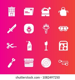 Premium set with fill vector icons. Such as sign, car, real, paper, file, tire, spoon, calendar, apron, street, play, observatory, time, wheel, wine, restaurant, schedule, bear, grunge, white, holder