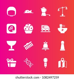 Premium set with fill vector icons. Such as gift, worker, king, strategy, pin, glass, drink, chess, road, search, meat, equipment, work, food, voice, travel, location, helmet, piece, hot, law, map