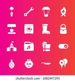 Premium set with fill vector icons. Such as fireplace, cream, package, exotic, , kitchen, air, tropical, music, gift, kid, knife, hot, castle, celebration, bonfire, building, bow, campfire, pineapple