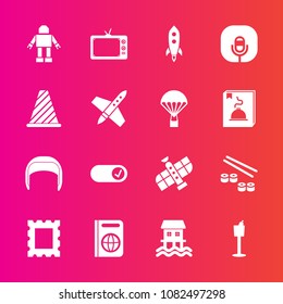 Premium set with fill vector icons. Such as sound, boat, machine, japan, orbit, picture, fish, screen, houseboat, bottle, immigration, technology, station, border, robot, launch, document, seafood, 