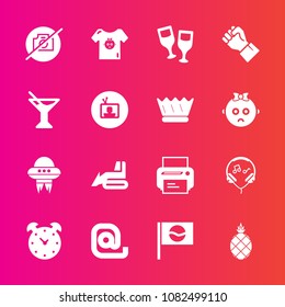 Premium set with fill vector icons. Such as wine, baby, ufo, kid, bulldozer, sound, mail, envelope, red, japanese, machine, camera, print, clock, child, tropical, no, travel, fresh, industry, picture