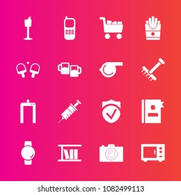 Premium set with fill vector icons. Such as cart, time, camera, clinic, book, watch, medical, library, fast, gadget, phone, holder, stationary, white, tennis, drill, machine, dentistry, bottle, xray