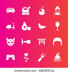 Premium set with fill vector icons. Such as key, computer, observatory, transport, game, spoon, japan, mouse, space, restaurant, joystick, shrine, knife, ufo, worker, door, transportation, board, belt