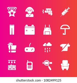Premium set with fill vector icons. Such as package, bow, laptop, trousers, clothing, mobile, play, battery, wet, dentist, clothes, phone, armchair, weather, dentistry, clinic, pistol, chair, rainy