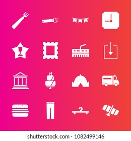 Premium set with fill vector icons. Such as award, finance, medical, bank, orbit, clothing, outdoor, celebration, hamburger, holiday, hanger, health, pants, clock, fork, pie, adventure, planet, travel