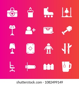 Premium set with fill vector icons. Such as hygiene, machine, lamp, leisure, plant, asian, robot, home, research, fun, skating, wax, tea, flame, bamboo, candle, science, game, health, cup, decoration