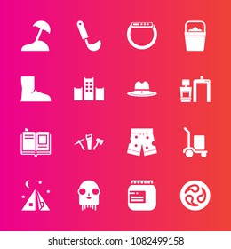 Premium set with fill vector icons. Such as japan, glass, watch, outdoor, jar, time, monster, hammer, wear, island, package, ufo, adventure, repair, kitchen, mon, education, sea, shorts, ladle, beach