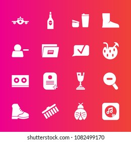 Premium set with fill vector icons. Such as shape, communication, travel, lady, award, brush, chat, winner, cafe, butterfly, departure, achievement, coffee, glass, document, cup, bug, pictogram, sign
