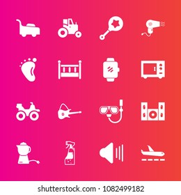 Premium set with fill vector icons. Such as hot, summer, agricultural, volume, snorkel, airport, cinema, quad, baby, speaker, mower, housework, music, grass, video, home, bike, guitar, water, garden