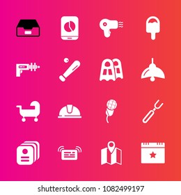 Premium set with fill vector icons. Such as weapon, event, construction, id, dryer, identity, music, data, message, notification, restaurant, mic, hairdryer, mobile, dinner, folder, work, food, star