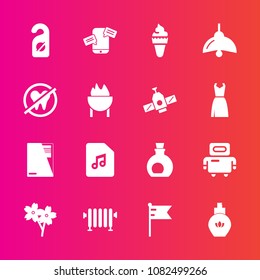 Premium set with fill vector icons. Such as music, spring, sakura, flower, chat, privacy, robot, note, file, heater, mediterranean, home, olive, communication, document, blossom, cherry, sound, beauty