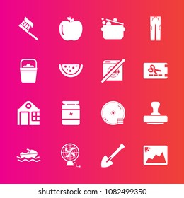 Premium set with fill vector icons. Such as fresh, apple, care, dvd, air, mark, fruit, real, sea, brush, frame, fashion, estate, equipment, building, ship, clean, vessel, food, shovel, clothing, cd