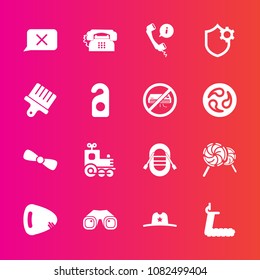 Premium set with fill vector icons. Such as conditioner, security, cowboy, brush, binocular, bow, sheriff, call, motel, boat, candy, transport, west, ship, gym, hotel, phone, locomotive, hat, sport