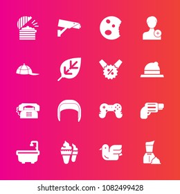 Premium set with fill vector icons. Such as pistol, worker, firearm, belt, gun, phone, play, member, headwear, human, game, toilet, communication, bathroom, wildlife, camera, waiter, restaurant, work
