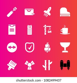 Premium set with fill vector icons. Such as fitness, dessert, calendar, shipping, agenda, , search, asia, cooking, check, delivery, music, brush, reminder, asian, bag, gym, glass, equipment, kitchen