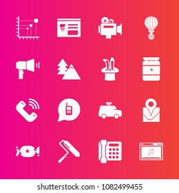 Premium set with fill vector icons. Such as child, business, forest, car, play, video, roll, childhood, data, nature, sky, location, telephone, music, map, button, candy, camera, equipment, online