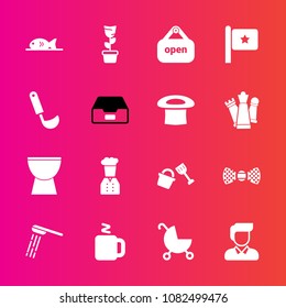Premium set with fill vector icons. Such as restaurant, green, boy, bathroom, fashion, child, male, pot, national, home, stroller, cup, fish, open, bath, man, shop, pram, hot, flag, elegance, drink