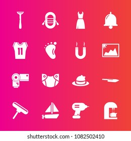 Premium set with fill vector icons. Such as travel, razor, hat, photographer, child, fashion, cafe, female, alarm, game, ring, infant, paint, newborn, drink, photo, boat, toy, baby, headwear, clothing