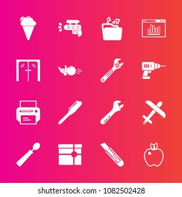 Premium set with fill vector icons. Such as flight, wrench, spoon, technology, equipment, dinner, kitchen, stationery, water, spanner, analytics, plane, file, music, glass, box, airplane, cream, tool