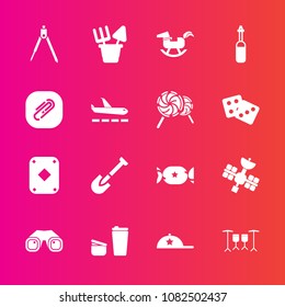 Premium set with fill vector icons. Such as laboratory, engineering, paperclip, paper, airport, construction, sugar, gambling, satellite, plane, clothing, baby, equipment, white, sign, sweet, dice